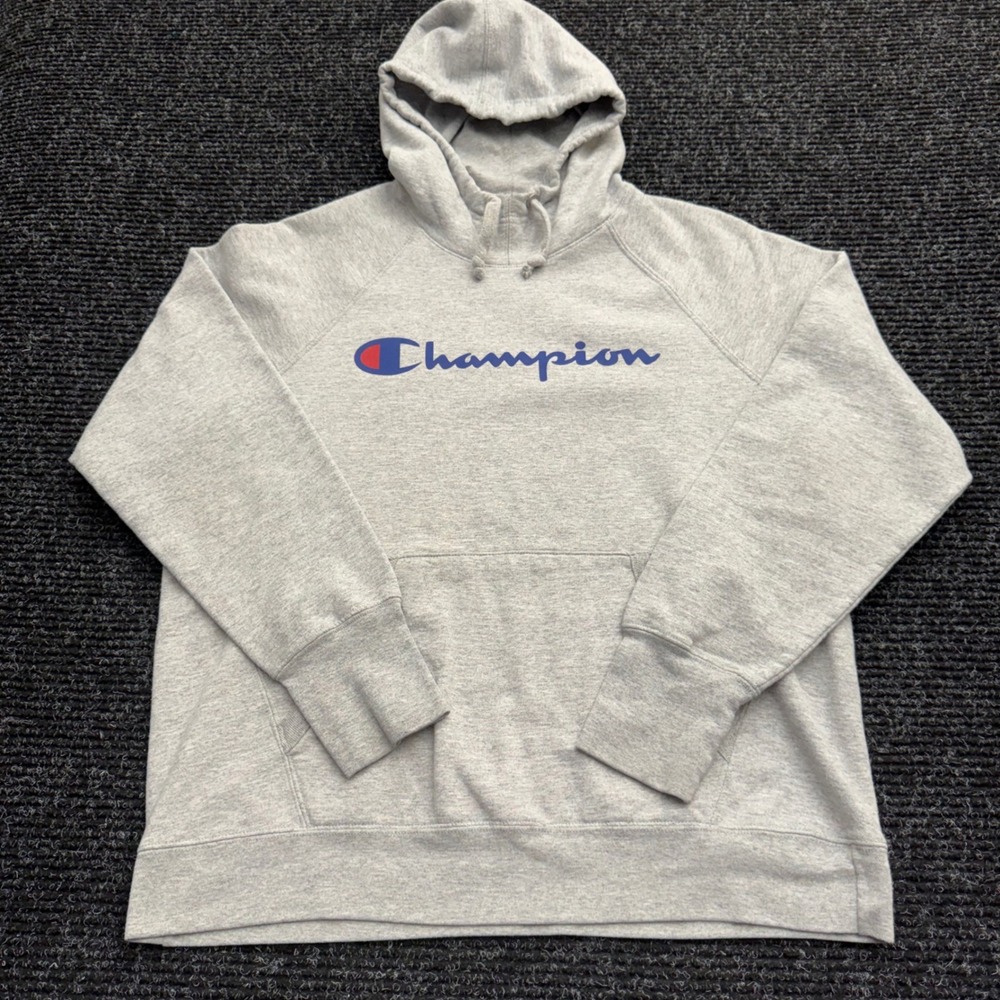 Champion Mens Script Logo Pullover Hoodie Gray Raglan Sweatshirt AW965H Large